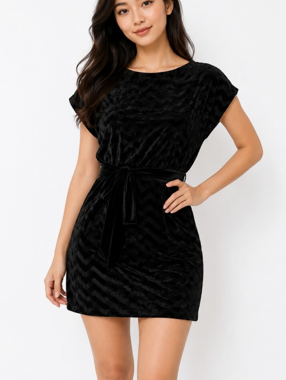 WHBM~Size XS~Black w/Zigzag Texture Belted Dress.